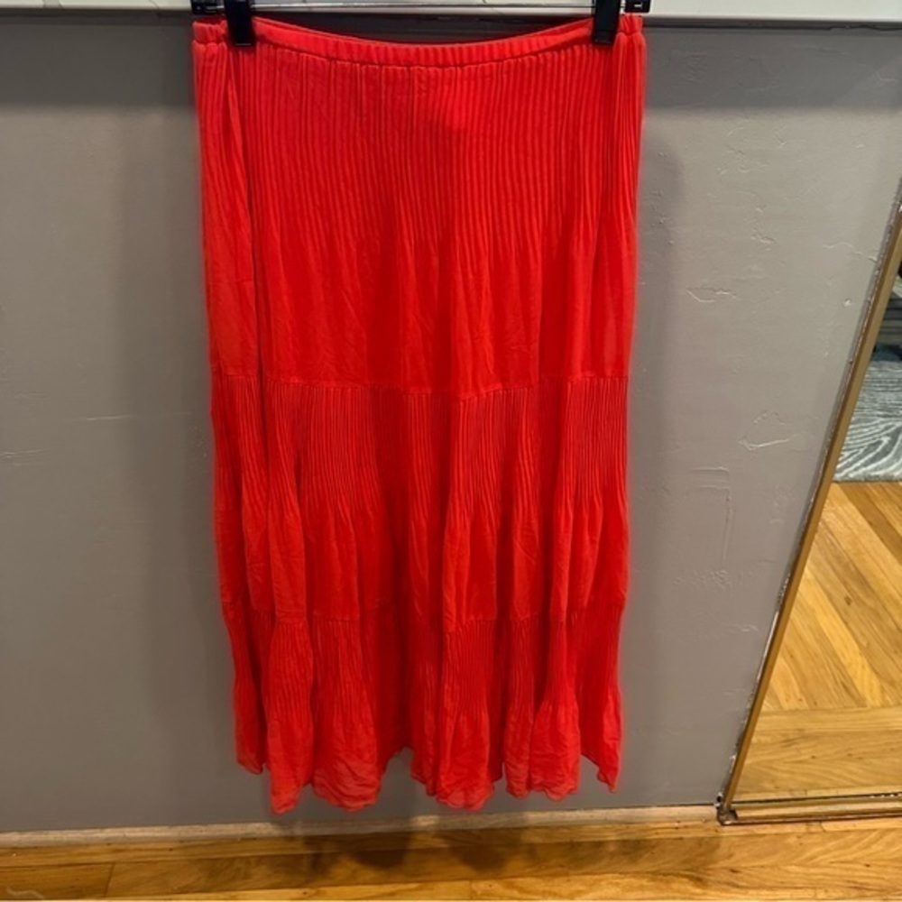 Maxi Tiered Sheer micro pleats bright reddish coral skirt fully lined size 6 C53